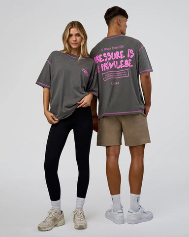 Pressure is Privilege Oversized Tee (Dark Storm Washed-Ultra Fuchsia)